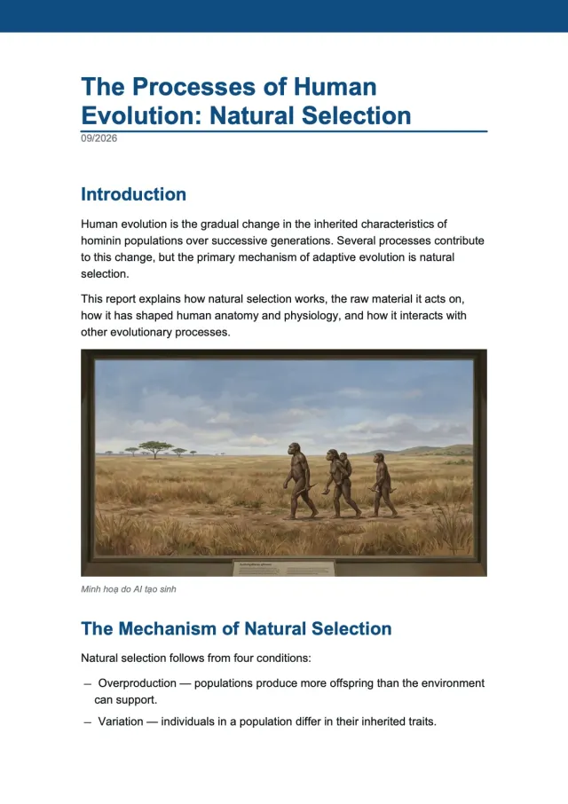 First page of “The Processes of Human Evolution: Natural Selection”, a PDF report made with Write docs