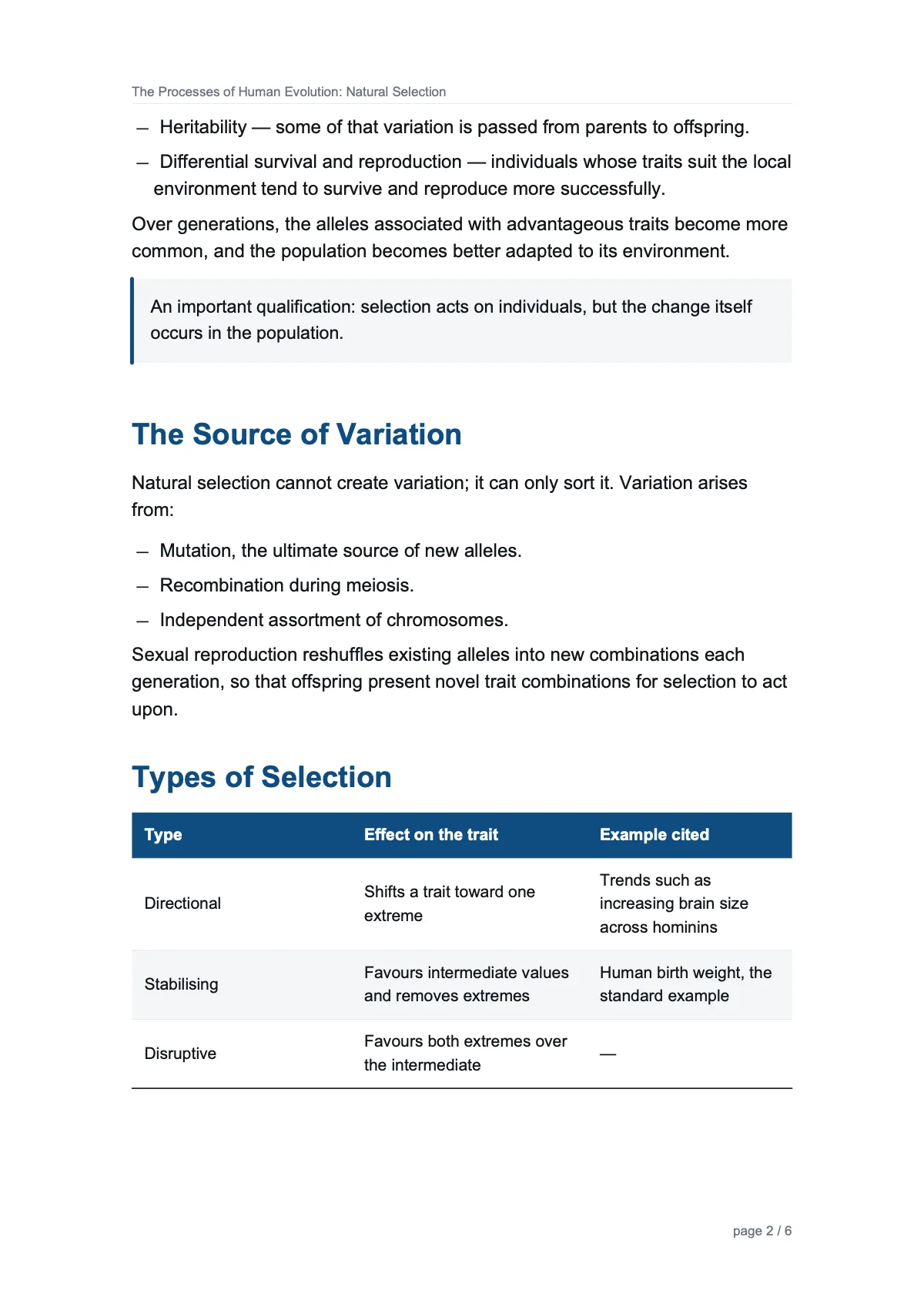The Processes of Human Evolution: Natural Selection — page 2 of 6